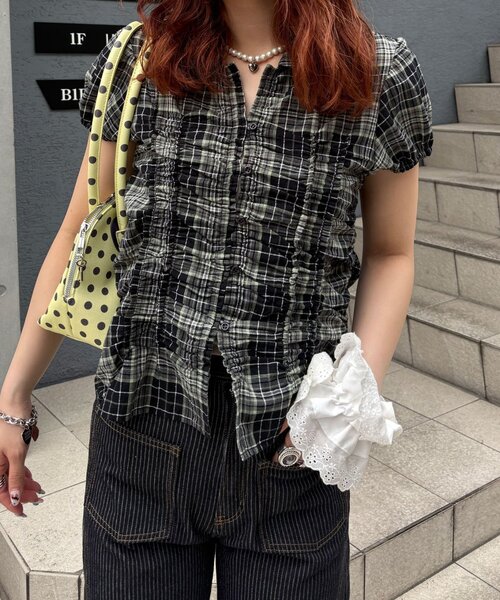 CIAOPANIC（チャオパニック）の「チェックシャーリングコンパクトシャツ（シャツ/ブラウス・レディース・イエロー/オフホワイト/ブラック・ONE SIZE）」の9枚目の写真