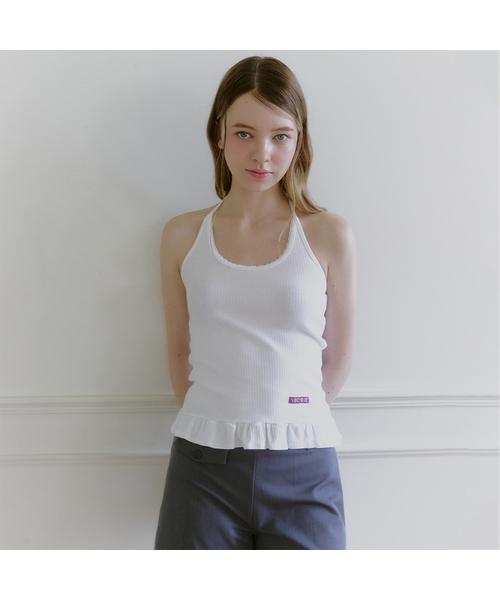 MICANE(ミケーネ)の「アミラフリルホルターネックスリーブレスティ(Tシャツ/カットソー・レディース・アッシュグレー/スカイブルー/ブラウン/アイボリー・1/2/4/3)」の2枚目の写真