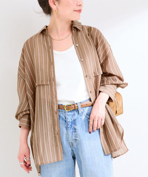 B.C STOCK(ベーセーストック)の「ウォッシャブル / シアーストライプシャツ(シャツ/ブラウス・レディース・ホワイト/ブラウン/ブラック・FREE)」の3枚目の写真