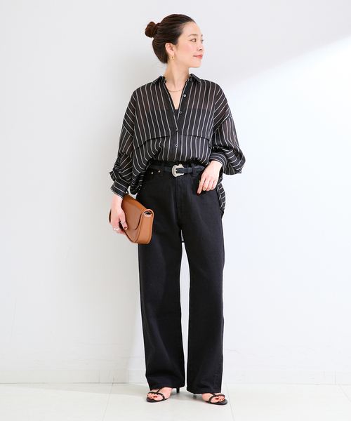 B.C STOCK(ベーセーストック)の「ウォッシャブル / シアーストライプシャツ(シャツ/ブラウス・レディース・ホワイト/ブラウン/ブラック・FREE)」の4枚目の写真