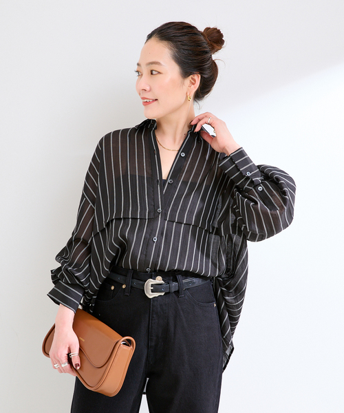 B.C STOCK(ベーセーストック)の「ウォッシャブル / シアーストライプシャツ(シャツ/ブラウス・レディース・ホワイト/ブラウン/ブラック・FREE)」の7枚目の写真