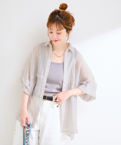 B.C STOCK(ベーセーストック)の「ウォッシャブル / シアーストライプシャツ(シャツ/ブラウス・レディース・ホワイト/ブラウン/ブラック・FREE)」の14枚目の写真