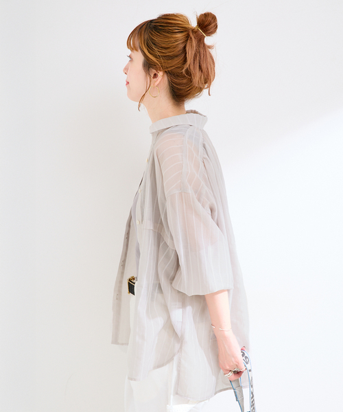 B.C STOCK(ベーセーストック)の「ウォッシャブル / シアーストライプシャツ(シャツ/ブラウス・レディース・ホワイト/ブラウン/ブラック・FREE)」の15枚目の写真