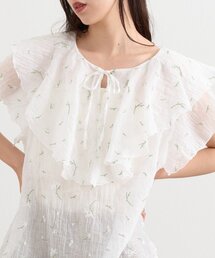 フラワー刺繍フリルブラウス