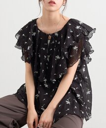 フラワー刺繍フリルブラウス