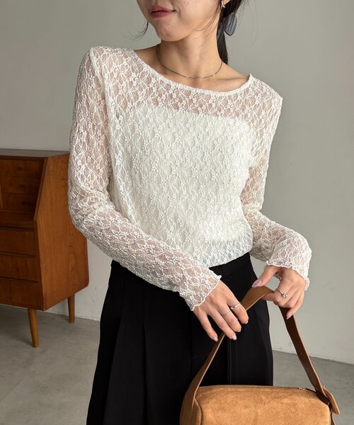 CAPRICIEUX LE'MAGE(カプリシューレマージュ)の「【前後2way】シルバードットレースロンT(Tシャツ/カットソー・レディース・ブラック/ホワイト・FREE)」の1枚目の写真