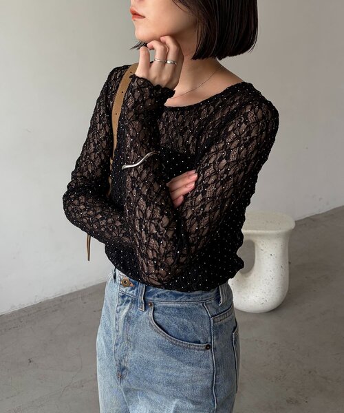 CAPRICIEUX LE'MAGE(カプリシューレマージュ)の「【前後2way】シルバードットレースロンT(Tシャツ/カットソー・レディース・ブラック/ホワイト・FREE)」の3枚目の写真