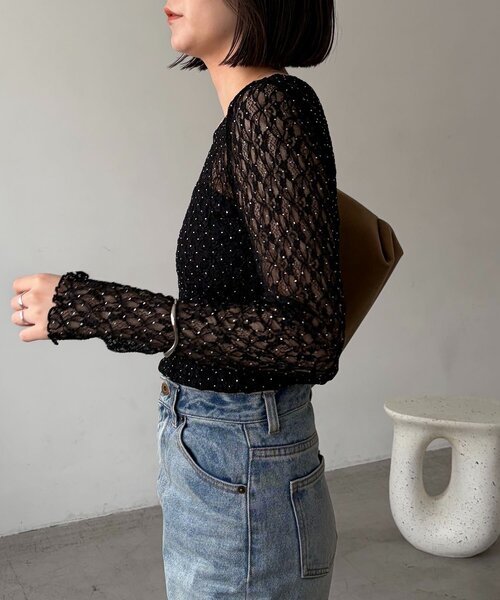 CAPRICIEUX LE'MAGE(カプリシューレマージュ)の「【前後2way】シルバードットレースロンT(Tシャツ/カットソー・レディース・ブラック/ホワイト・FREE)」の6枚目の写真