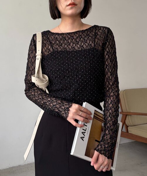 CAPRICIEUX LE'MAGE(カプリシューレマージュ)の「【前後2way】シルバードットレースロンT(Tシャツ/カットソー・レディース・ブラック/ホワイト・FREE)」の8枚目の写真