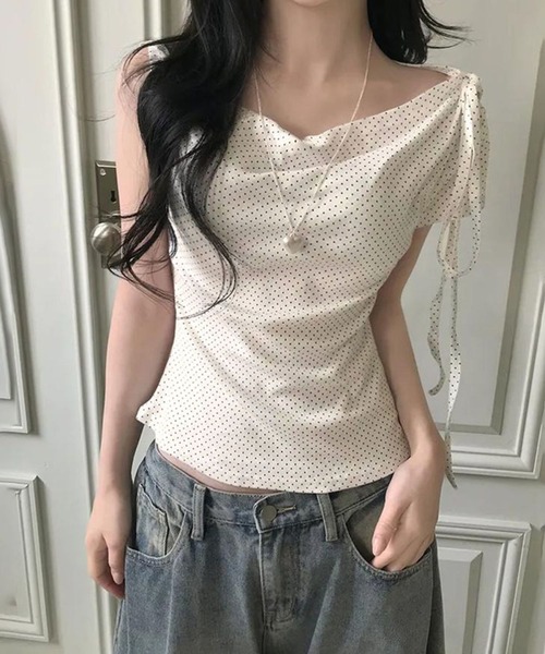 L LABEL（エルラベル）の「リボンコード付きドットTシャツ（Tシャツ/カットソー・レディース・ピンク/ブラック/ホワイト・FREE）」の2枚目の写真