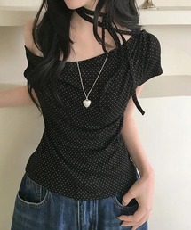 リボンコード付きドットTシャツ