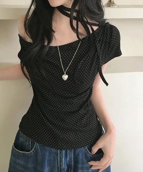 L LABEL（エルラベル）の「リボンコード付きドットTシャツ（Tシャツ/カットソー・レディース・ピンク/ブラック/ホワイト・FREE）」の3枚目の写真