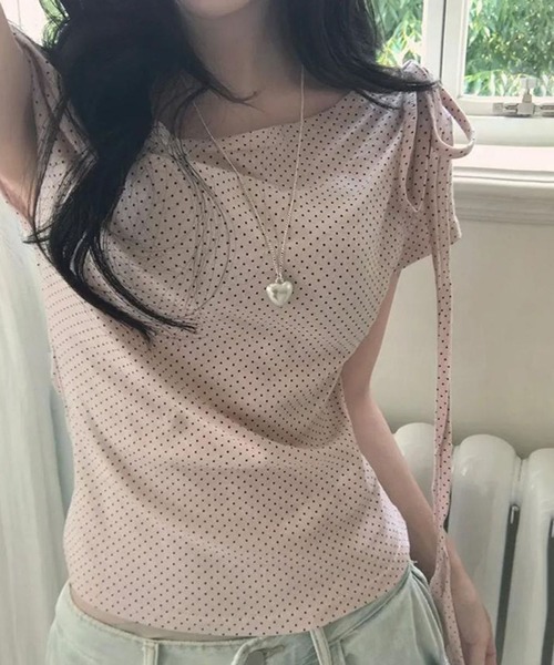 L LABEL（エルラベル）の「リボンコード付きドットTシャツ（Tシャツ/カットソー・レディース・ピンク/ブラック/ホワイト・FREE）」の5枚目の写真