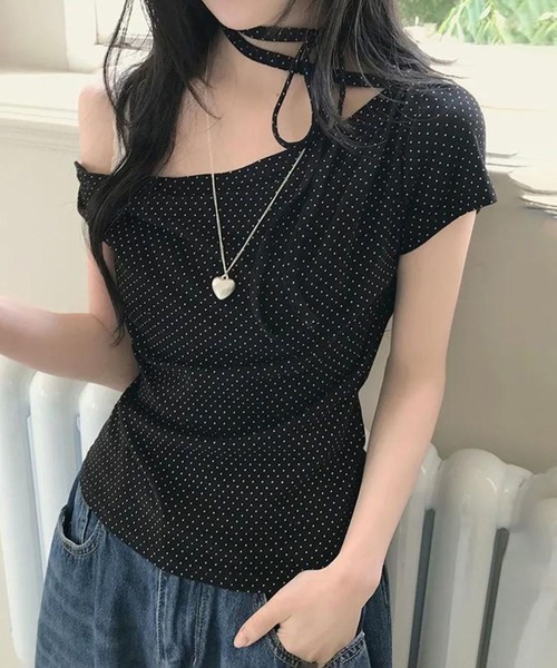 L LABEL（エルラベル）の「リボンコード付きドットTシャツ（Tシャツ/カットソー・レディース・ピンク/ブラック/ホワイト・FREE）」の8枚目の写真
