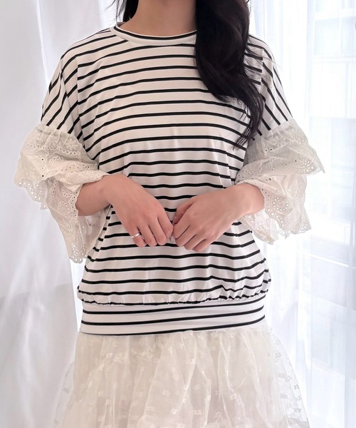 merrylatte(メリーラテ)の「ボーダー柄フックレースTシャツ(Tシャツ/カットソー・レディース・ホワイト系その他・FREE)」の2枚目の写真