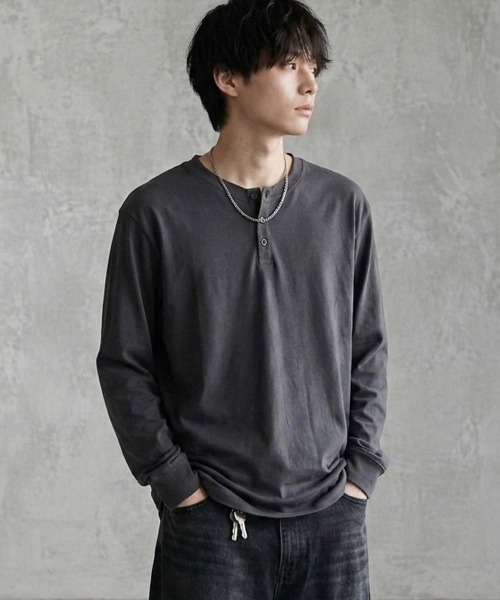 Universal Style Wear(ユニバーサルスタイルウェア)の「ヘンリーネック ちょいBIGロンT(Tシャツ/カットソー・メンズ・杢グレー/オフホワイト/ネイビー/チャコールグレー/ブラック/オートミール・M/XL/L)」の19枚目の写真