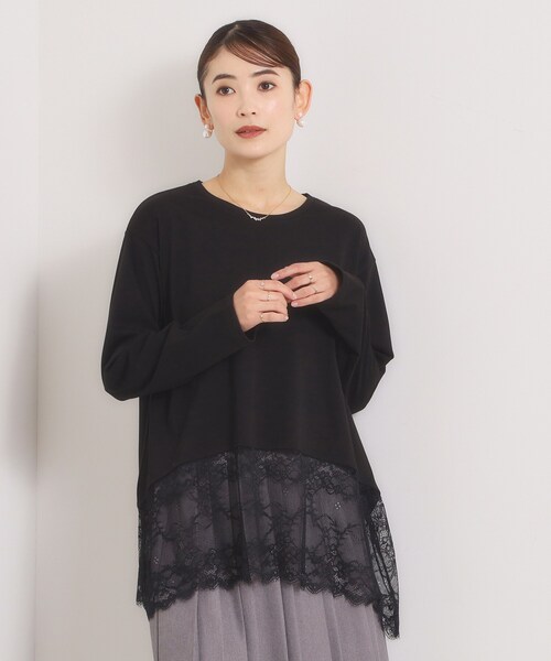 ITS'DEMO(イッツデモ)の「ヘムレースロングTシャツ(Tシャツ/カットソー・レディース・ブラック/オフホワイト・00)」の2枚目の写真