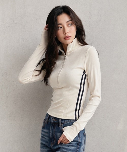 center i(センターアイ)の「サイドライン ハーフジップ長袖トップス(Tシャツ/カットソー・レディース・ブラック/オフホワイト・FREE)」の6枚目の写真