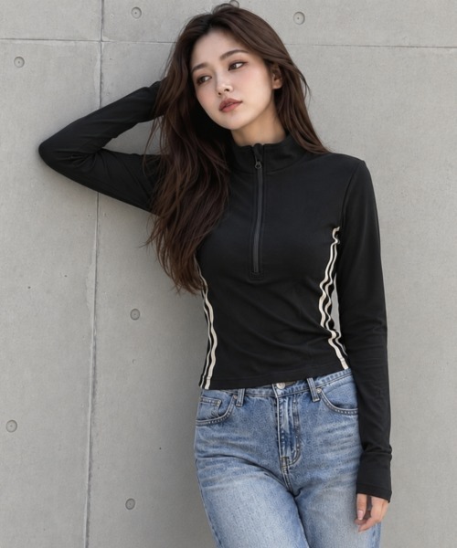 center i(センターアイ)の「サイドライン ハーフジップ長袖トップス(Tシャツ/カットソー・レディース・ブラック/オフホワイト・FREE)」の8枚目の写真