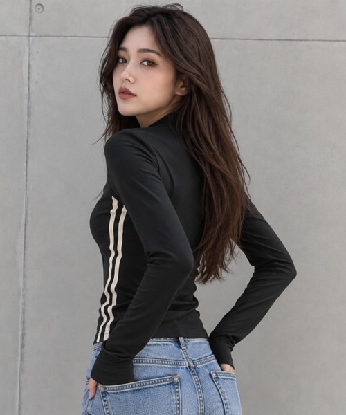 center i(センターアイ)の「サイドライン ハーフジップ長袖トップス(Tシャツ/カットソー・レディース・ブラック/オフホワイト・FREE)」の10枚目の写真
