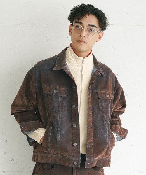 BAYFLOW(ベイフロー)の「フロッキーデニムジャケット(ブルゾン・メンズ・ネイビー/ブラウン・LARGE/MEDIUM)」の6枚目の写真