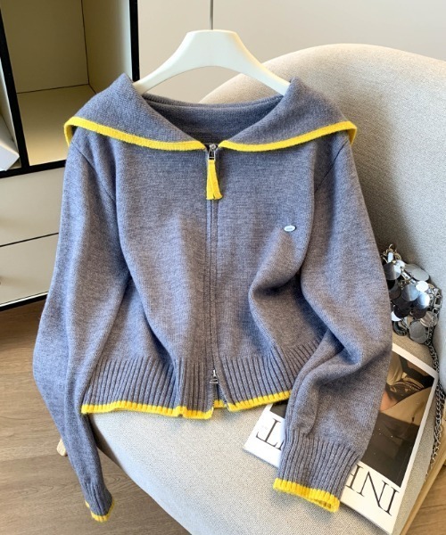 LUCPY(ラクピー)の「配色ライン セーラーカラーニットカーディガン(カーディガン/ボレロ・レディース・ブルー/グレー/ホワイト・FREE)」の2枚目の写真