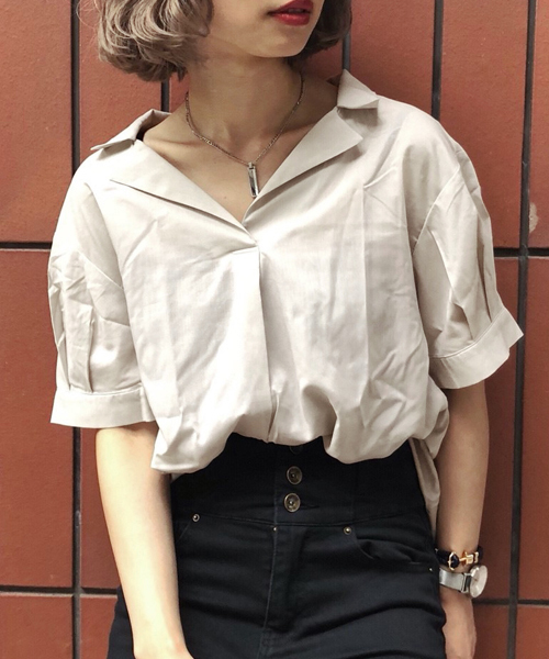 PAGEBOY（ページボーイ）の「キュームコアシャツスキッパー（シャツ/ブラウス・レディース・オフホワイト/グレイッシュベージュ/テラコッタ/ブラック/ストライプ・FREE）」の4枚目の写真