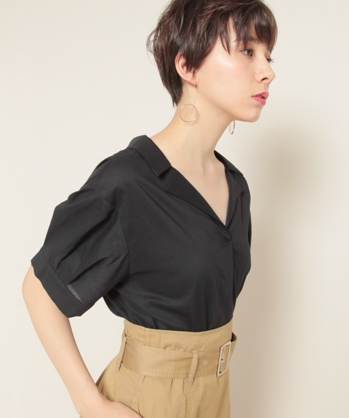 PAGEBOY（ページボーイ）の「キュームコアシャツスキッパー（シャツ/ブラウス・レディース・オフホワイト/グレイッシュベージュ/テラコッタ/ブラック/ストライプ・FREE）」の2枚目の写真