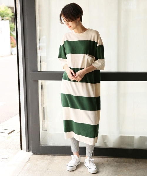 LOWRYS FARM（ローリーズファーム）の「ワイドボーダワンピース　807154（ワンピース・レディース・ブラウン/オフホワイト/グリーン・FREE）」の4枚目の写真