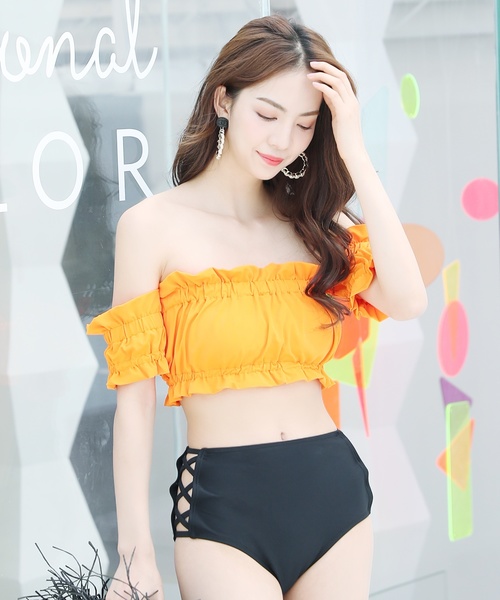 セール】水着 オフショルダーギャザーフリルビキニ+サイドストラップ