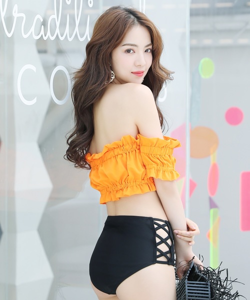 セール】水着 オフショルダーギャザーフリルビキニ+サイド