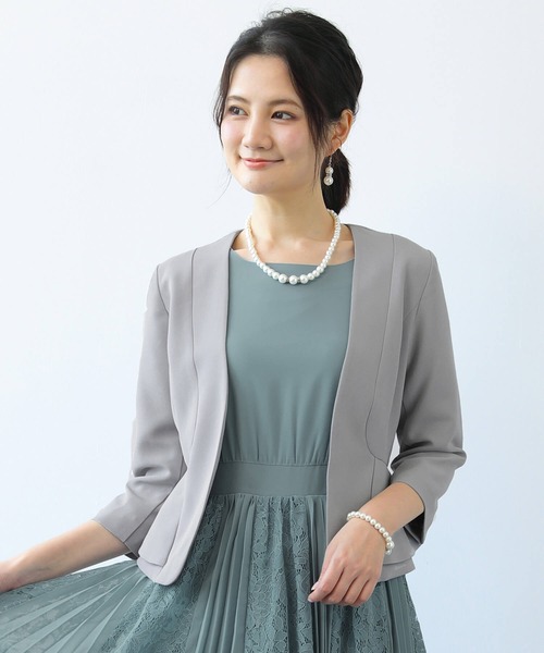 Cinderella（シンデレラ）の「ボレロ 結婚式 お呼ばれ 大きいサイズ ジャケット パーティーボレロ パーティボレロ 結婚式ボレロ ジャケットボレロ 二次会 フォーマル 謝恩会 披露宴 長袖 七分袖 五分袖 羽織（ノーカラーコート・レディース・ベージュ/ブラック/ネイビー/グレー/ピンク/ブラック系2/グレー系2/ネイビー系2/ベージュ系2/ダークグレー・MEDIUM/X-LARGE/XX-LARGE/LARGE/SMALL/FREE）」の5枚目の写真