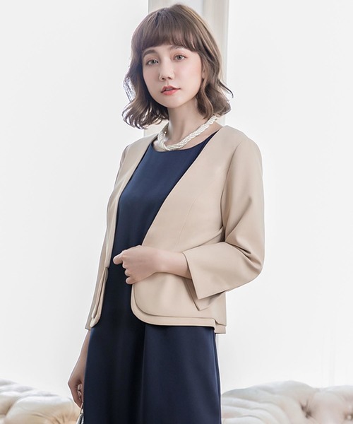 Cinderella（シンデレラ）の「ボレロ 結婚式 お呼ばれ 大きいサイズ ジャケット パーティーボレロ パーティボレロ 結婚式ボレロ ジャケットボレロ 二次会 フォーマル 謝恩会 披露宴 長袖 七分袖 五分袖 羽織（ノーカラーコート・レディース・ベージュ/ブラック/ネイビー/グレー/ピンク/ブラック系2/グレー系2/ネイビー系2/ベージュ系2/ダークグレー・MEDIUM/X-LARGE/XX-LARGE/LARGE/SMALL/FREE）」の19枚目の写真