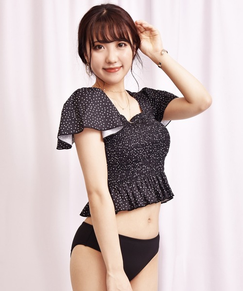送料関税込★MAGDA BUTRYM★花柄アップリケ・シャーリング水着 セール】3点セットランダムドット柄シャーリングフリル水着