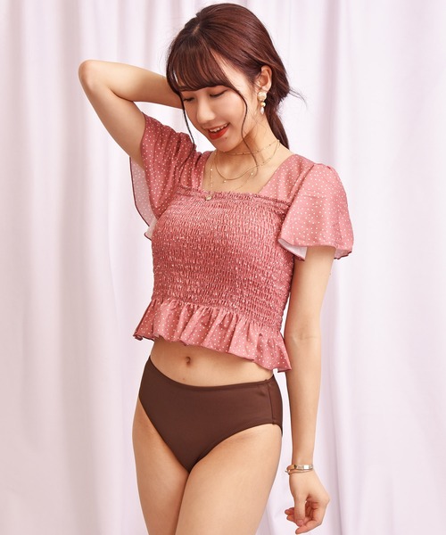 送料関税込★MAGDA BUTRYM★花柄アップリケ・シャーリング水着 LEAD 水着 3点セット無地×ボタニカルフラワー柄ギャザービキニ