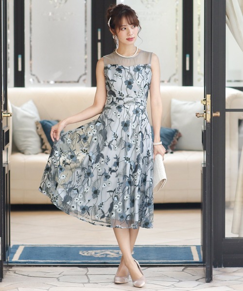 PourVous(プールヴー)の「結婚式 ワンピースドレスノースリーブと ロング シアーフォーマル オケージョンドレス お呼ばれ 二次会 成人式 (ドレス・レディース・ブラック/ブルーグレー/ブルー・M)」の5枚目の写真