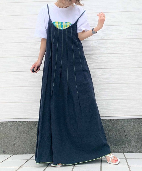 Q（キュー）の「ランダムタックキャミワンピース（ワンピース・レディース・ネイビー/ブラウン・MEDIUM）」の2枚目の写真