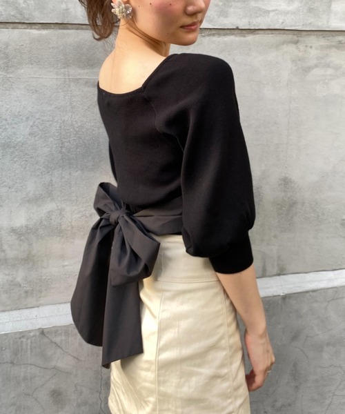 MIIA（ミーア）の「カシュクールリボンニット（ニット/セーター・レディース・ブラック/オフホワイト/ピンク・FREE）」の3枚目の写真