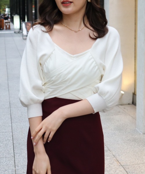 MIIA（ミーア）の「カシュクールリボンニット（ニット/セーター・レディース・ブラック/オフホワイト/ピンク・FREE）」の6枚目の写真