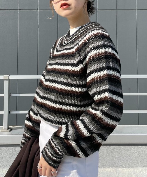 CIAOPANIC(チャオパニック)の「モヘア風マルチボーダーニット(ニット/セーター・レディース・ブラック/レッド・FREE)」の5枚目の写真