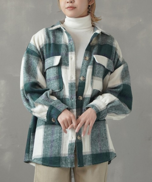 SPINNS(スピンズ)の「エコウール チェックCPOジャケット(その他アウター・レディース・ブラック/オレンジ/ブルー/グリーン・ONESIZE)」の2枚目の写真