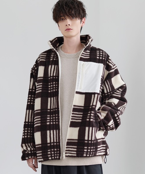 25AW】防風ボア袖ライン切替スタンドネックジャケット(ドローコード