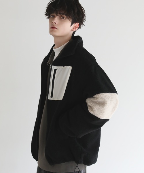 24AW】防風ボア袖ライン切替スタンドネックジャケット