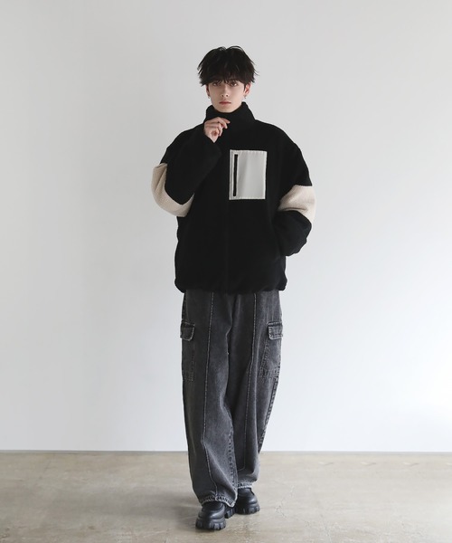 24AW】防風ボア袖ライン切替スタンドネックジャケット