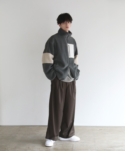 24AW】防風ボア袖ライン切替スタンドネックジャケット