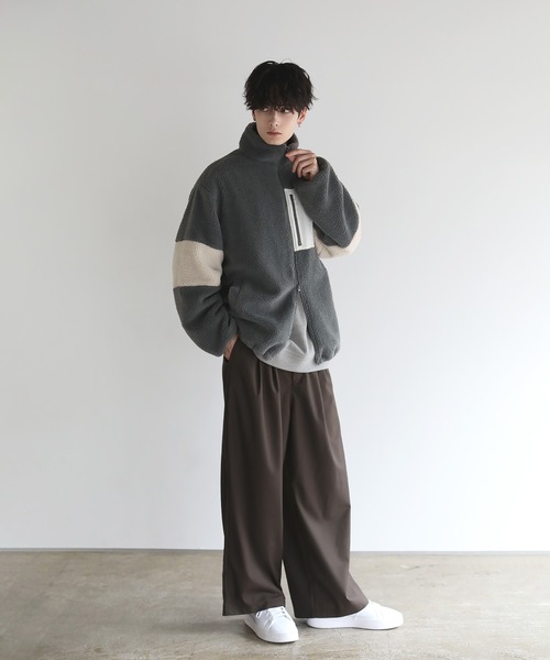 24AW】防風ボア袖ライン切替スタンドネックジャケット