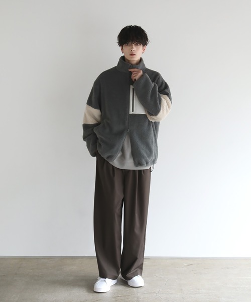 24AW】防風ボア袖ライン切替スタンドネックジャケット