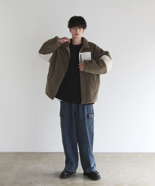 24AW】防風ボア袖ライン切替スタンドネックジャケット