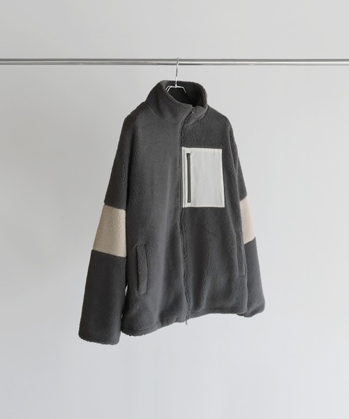 24AW】防風ボア袖ライン切替スタンドネックジャケット