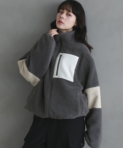 24AW】防風ボア袖ライン切替スタンドネックジャケット